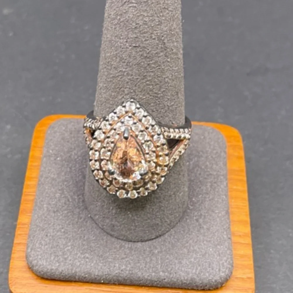 STS 925 Sterling Silver Teardrop Peach CZ Split Shank Statement Ring Size 9.75